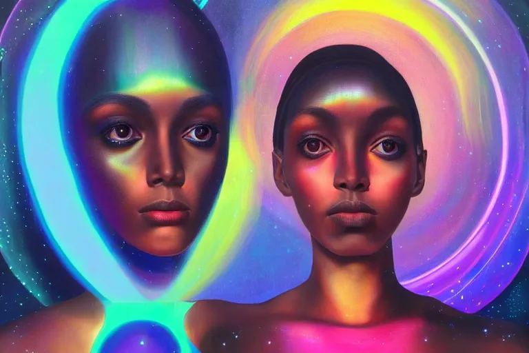 Image similar to patron saint of 🛸🌈👩🏾, futuristic iridescent clothing, wormhole, nebula, black hole, multiverse, neon god of city character portrait, in the style of margaret keane, moebius, tom bagshaw, and waterhouse, cinematic lighting, beautiful, elegant, oil painting,