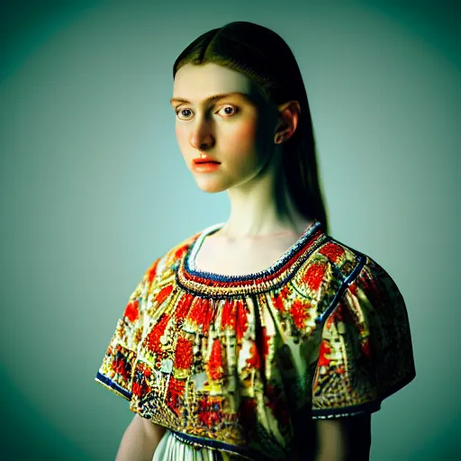 Image similar to hyperrealism photography in caravaggio style computer simulation visualisation of parallel universe sit - com scene with beautiful highly detailed ukrainian woman wearing ukrainian traditional shirt designed by taras shevchenko and wearing neofuturistic neural interface by josan gonzalez. hyperrealism photo on pentax 6 7, kodak portra 4 0 0 volumetric natural light - s 1 5 0