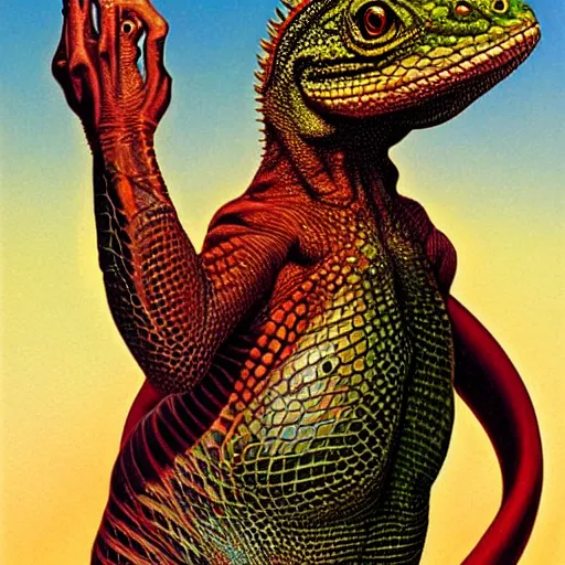 Prompt: portrait of lizard emerging from human skin, artwork by greg hildebrandt