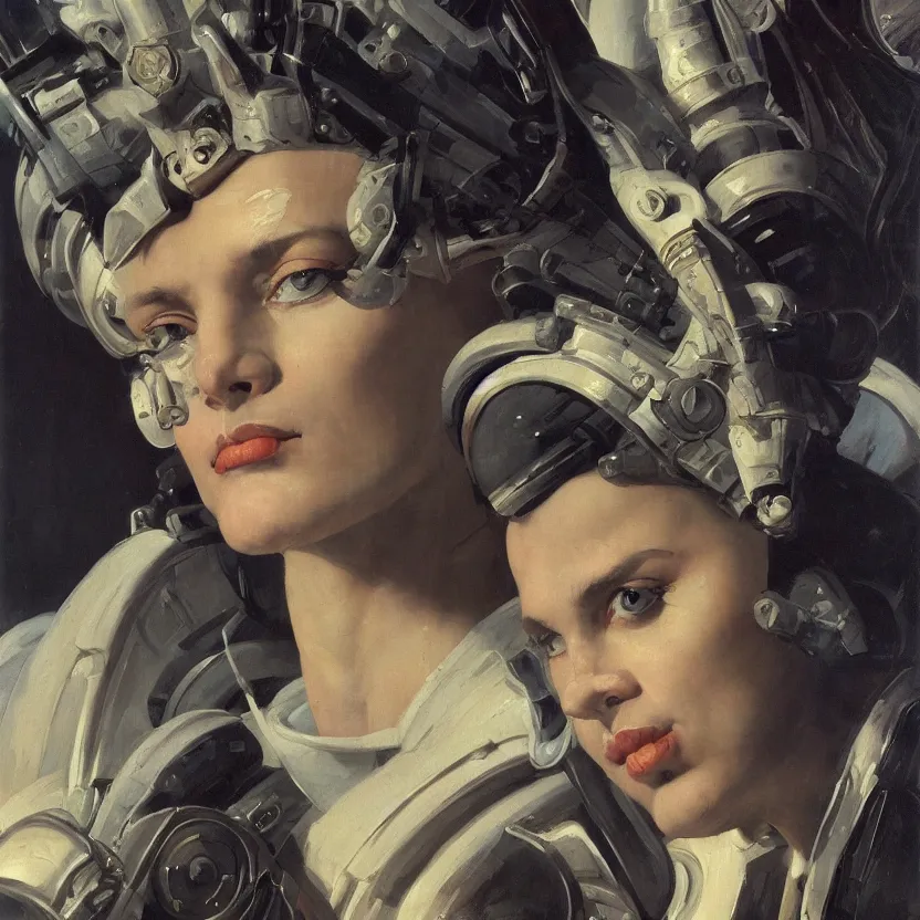 Prompt: a baroque neoclassicist close - up portrait of a retrofuturistic assassin head and shoulders, large marble architecture in background. renaissance portrait painting. highly detailed science fiction painting by norman rockwell, frank frazetta, and syd mead. rich colors, high contrast, gloomy atmosphere, dark background. trending on artstation