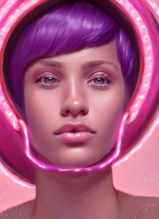 Prompt: portrait of teenage vanessa morgan with bright pink hair, vanessa morgan, curly pixie cut hair, wearing a purple breton cap, breton cap, hoop earrings, intricate, elegant, glowing lights, highly detailed, digital painting, artstation, concept art, smooth, sharp focus, illustration, art by wlop, mars ravelo and greg rutkowski