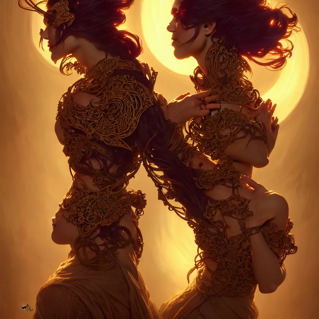 Image similar to Beautiful Evil Necromancer Sorceress, fantasy magic, undercut hairstyle, dramatic lighting, golden hour, close to night, intricate, elegant, sharp focus, illustration, highly detailed, digital painting, concept art, matte, art by WLOP and Artgerm and Greg Rutkowski and Alphonse Mucha, masterpiece