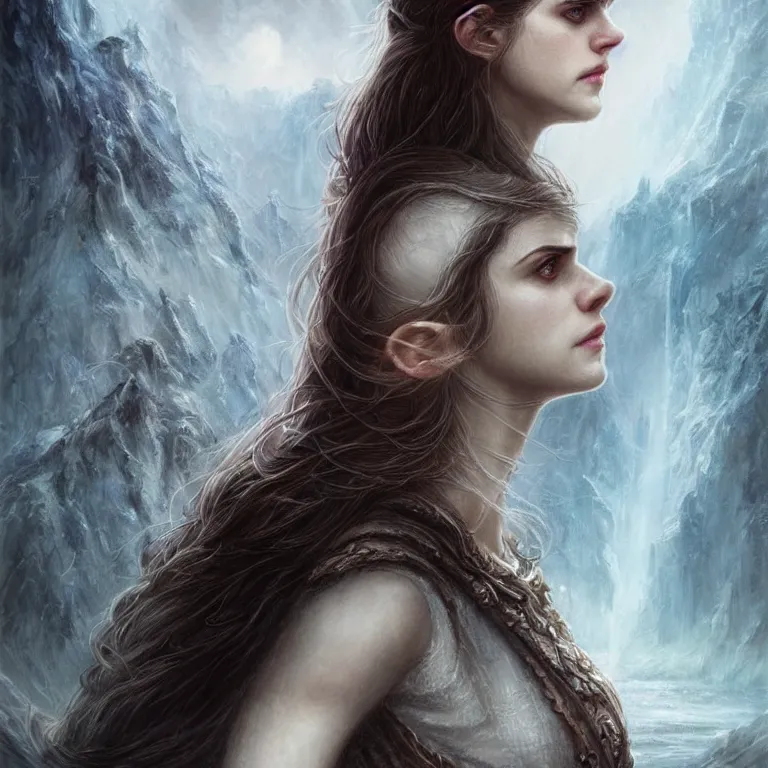 Prompt: beautiful cinematic fantasy poster with Alexandra Daddario from Middle-Earth, fantasy, portrait, sharp focus, intricate, elegant, digital painting, artstation, matte, highly detailed, concept art, illustration, ambient lighting, hybrid from The Elden Ring and art direction by Darius Zawadzki ;by artgerm; wayne reynolds art station; cinematic quality character render; low angle; ultra high quality model; production quality cinema model;