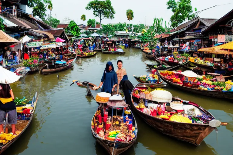 Image similar to At the buzzing floating market in Thailand, Artgerm