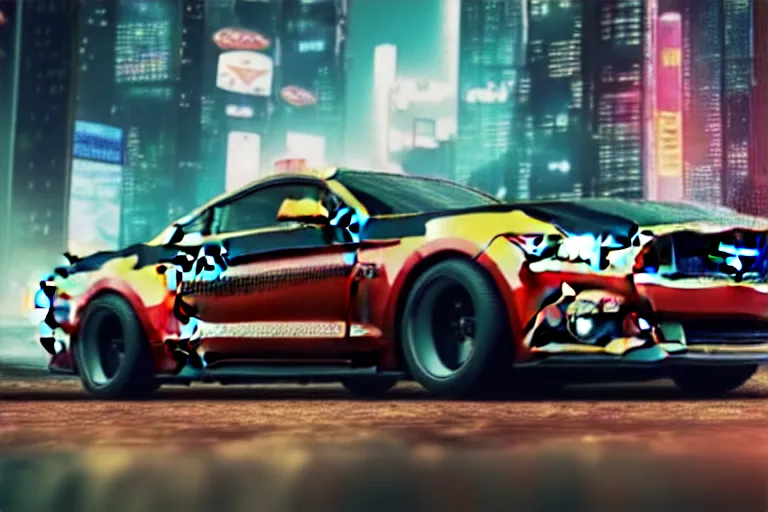 Image similar to ford mustang in cyberpunk city