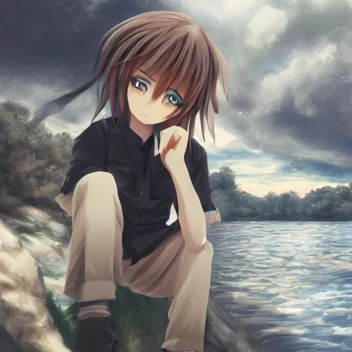 Image similar to cute anime boy standing by a large river, digital art , highly detailed , high contrast, beautiful lighting, award winning , trending on art station, photorealistic, 8k