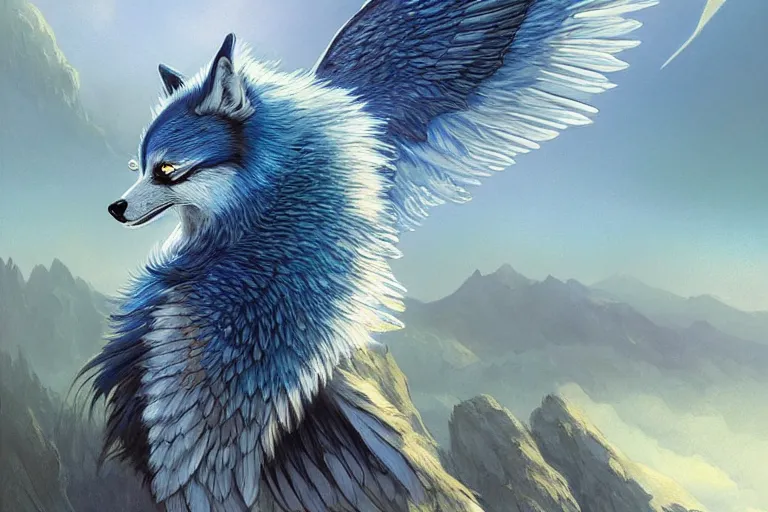 Blue feathered wolf with wings on a beautiful fantasy | Stable Diffusion