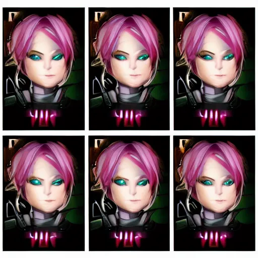 Image similar to vi from arcane, only face, centered, symmetrical,