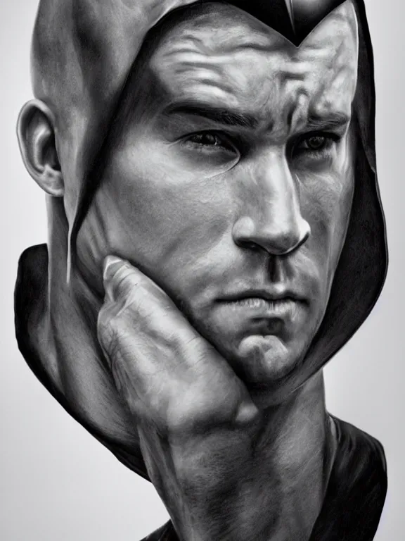 Prompt: portrait, ryan reynolds as batman, maskless, hyperrealism, moody lighting, intricate, 8 k