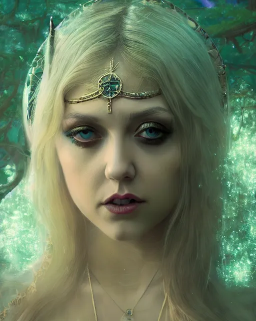 Prompt: Beautiful art portrait of taylor momsen as a fantasy priestess in a bright temple surrounded by lush forest, atmospheric lighting, intricate detail, cgsociety, hyperrealistic, octane render, RPG portrait, ambient light, dynamic lighting