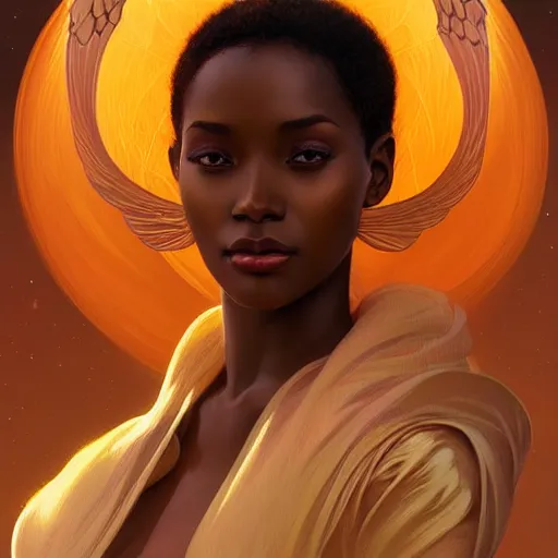 Prompt: portrait of very very very very very very beautiful african woman with angels wings, spacesuit, orange eyes, intricate, elegant, highly detailed, digital painting, artstation, concept art, smooth, sharp focus, illustration, art by artgerm and greg rutkowski and alphonse mucha