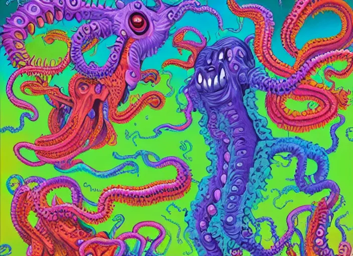 Image similar to lovecraftian grotesque fleshy hellscape artwork by Lisa Frank