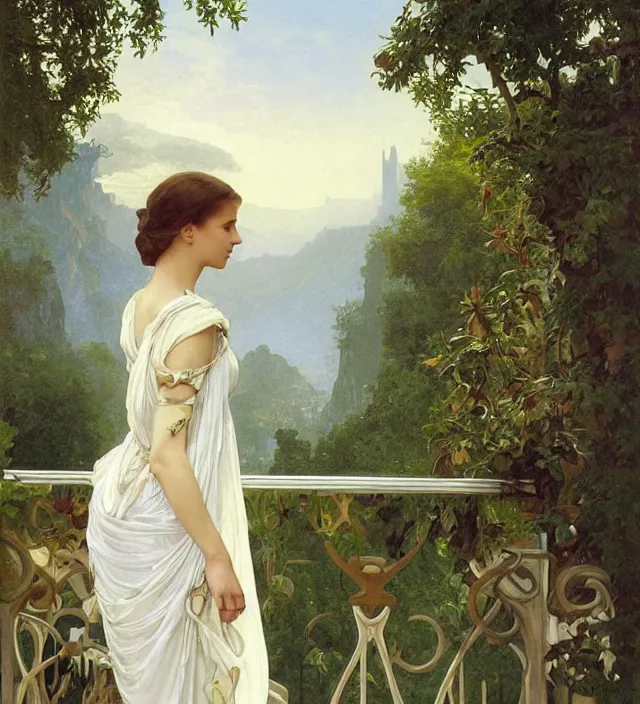 Image similar to intricate oil painting of a young alicia vikander with pointed ears wearing ornate white and light green dress with silver belt, looking out at sunrise over rivendell from her art nouveau balcony, elegant, digital painting, smooth, sharp focus, illustration, ultra realistic, 8 k, by bouguereau, alphonse mucha, artgerm, and donato giancola