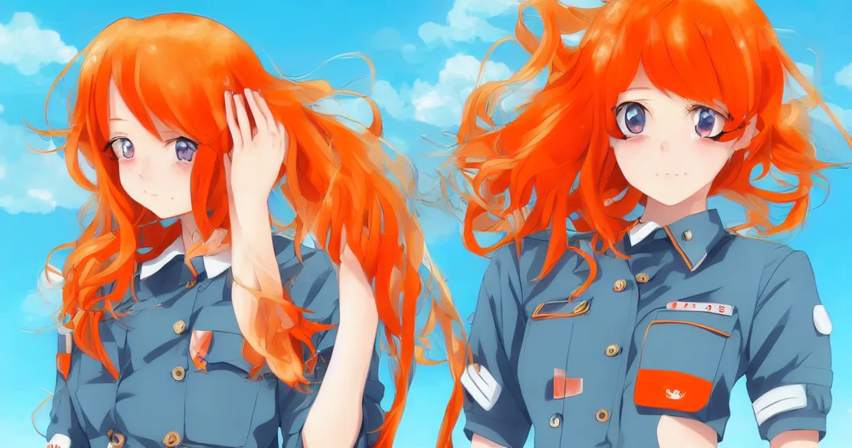 Image similar to very beautiful young anime girl with orange hair, dressed in soviet pioneer uniform, full body, long wavy blonde hair, sky blue eyes, full round face, bikini, miniskirt, front view, middle, highly detailed, colored manga drawing by wlop popular on artstation