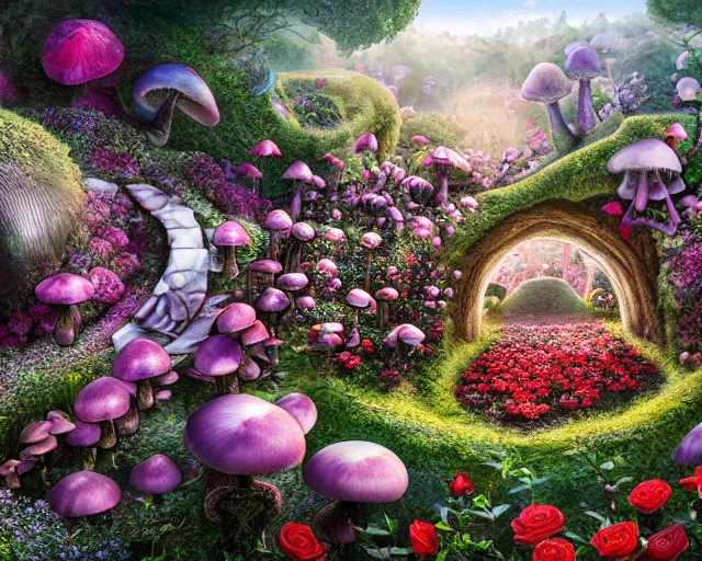 Prompt: alice in wonderland landscape hedge labyrinth, mushrooms, roses, detailed matte painting by android jones 8k resolution