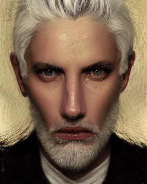 Image similar to portrait of 4 0 - year - old man with white hair with a pale complexion, pointed face and grey eyes, clear smooth face, no beard, wearing all black clothes, haughty facial expression, hyper realistic face, beautiful eyes, close up, fantasy art, in the style of greg rutkowski, intricate, alphonse mucha, hyper detailed, smooth