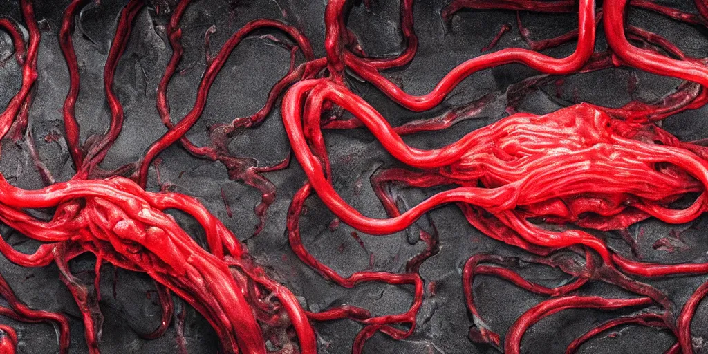 Prompt: a blood - oozing amorphous red blob composed of muscle, bones, and writhing tendrils made of muscles and tendons absorbing a partially - melted animal in a dark derelict lab with broken glassware, cinematic 8 k hdr