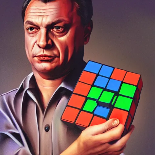 Image similar to portrait of viktor orban in shorts playing with a rubik's cube, confused face, highly detailed illustration by boris vallejo, airbrush painting