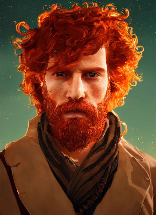 Image similar to glowwave portrait of curly orange hair man from red dead redemption 2, au naturel, hyper detailed, digital art, trending in artstation, cinematic lighting, studio quality, smooth render, unreal engine 5 rendered, octane rendered, art style by klimt and nixeu and ian sprigger and wlop and krenz cushart.