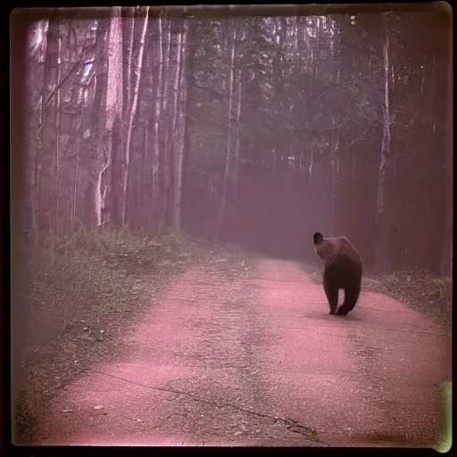 Prompt: dystopian grunge disposable camera photo of bear running towards you | horror | nightmare