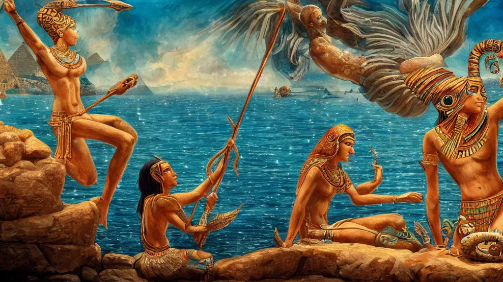 Image similar to epic masterpiece of Ancient Egypt aquatic origin mythos, cinematic, establishing shot, extremely high detail, oil painting, intricate line drawings, 8k resolution