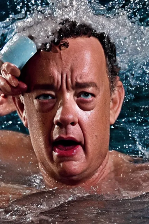 Image similar to tom hanks swimming in a bath tub of baked beans, realistic, moody grindhouse, dark