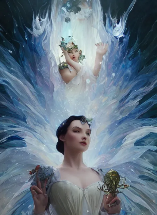 Image similar to snow white, white splash aura in motion, floating pieces, painted art by tsuyoshi nagano, greg rutkowski, artgerm, alphonse mucha, spike painting