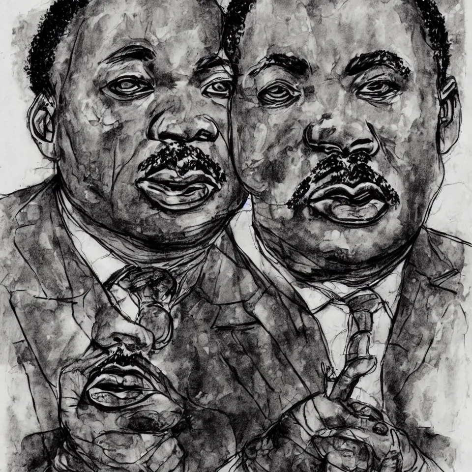 Image similar to A loose messy wild ink sketch portrait of Martin Luther King in the style of Ralph Steadman and Paul Klee, caricature, dramatic