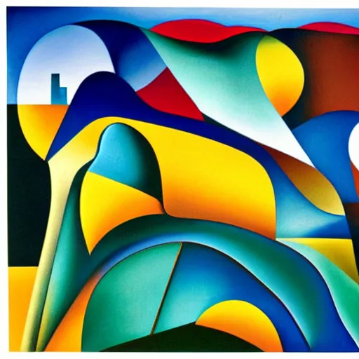 Image similar to woman woman as the natural landscape, her curves form the mountains and rivers of this land, high quality art in the style of cubism and georgia o'keefe,