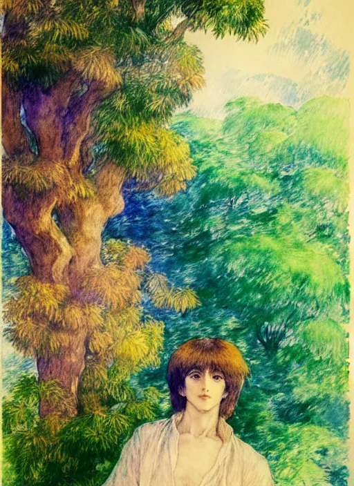 Image similar to vintage 7 0 s anime watercolor, a portrait of a man enshrouded in an impressionist watercolor, representation of mother nature and the meaning of life in the background by william holman hunt, art by cicley mary barker, thick impressionist watercolor brush strokes, portrait painting by daniel garber, minimalist simple pen and watercolor