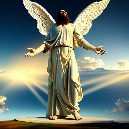 Image similar to gigantic biblical depiction of an angel towering over a vast landscape, cinematic, realistic, geometric white marble body, photorealistic, detailed, gold sky, global illumination, volumetric lighting, god rays, beautiful composition, majestic clouds, soft colors, heavenly lighting