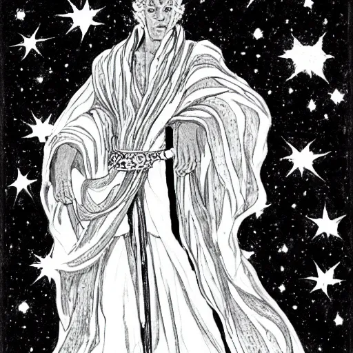 Prompt: black and white pen and ink!!!!!!! Young Guy Madison wearing cosmic space robes made of stars final form flowing royal!!! mage hair golden!!!! Vagabond!!!!!!!! floating magic swordsman!!!! glides through a beautiful!!!!!!! Camellia!!!! Tsubaki!!! death-flower!!!! battlefield behind!!!! dramatic esoteric!!!!!! Long hair flowing dancing illustrated in high detail!!!!!!!! by Moebius and Hiroya Oku!!!!!!!!! graphic novel published on 2049 award winning!!!! full body portrait!!!!! action exposition manga panel black and white Shonen Jump issue by David Lynch eraserhead and beautiful line art Hirohiko Araki!! Tite Kubo!!!!!, Kentaro Miura!, Jojo's Bizzare Adventure!!!!