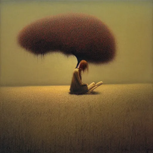 Image similar to girl dreams under the tree by Beksinski