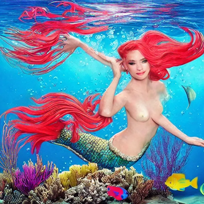 Image similar to a beautiful mermaid underwater, brightly coloured fish, coral and seaweed, hyper - realistic, mystic, detailed