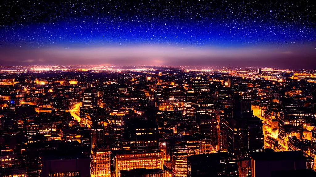 Prompt: view of a city from the top of a building at night, glowing stars, dramatic lighting,