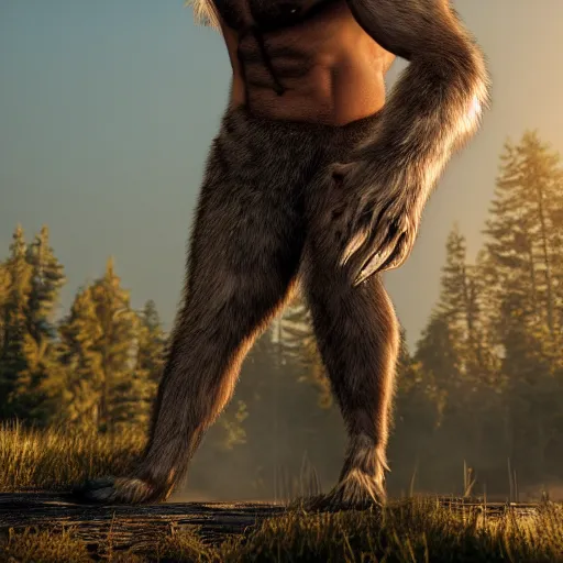 Prompt: man transforming into a werewolf, full body, hyper realistic, 8 k, unreal engine, realistic brown fur, full moon background, ray tracing