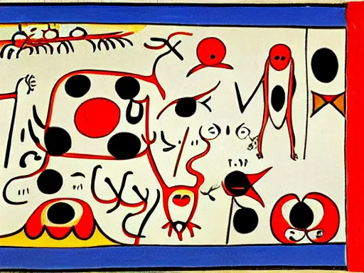 Image similar to line drawing of strange beings in a temple, Joan Miro