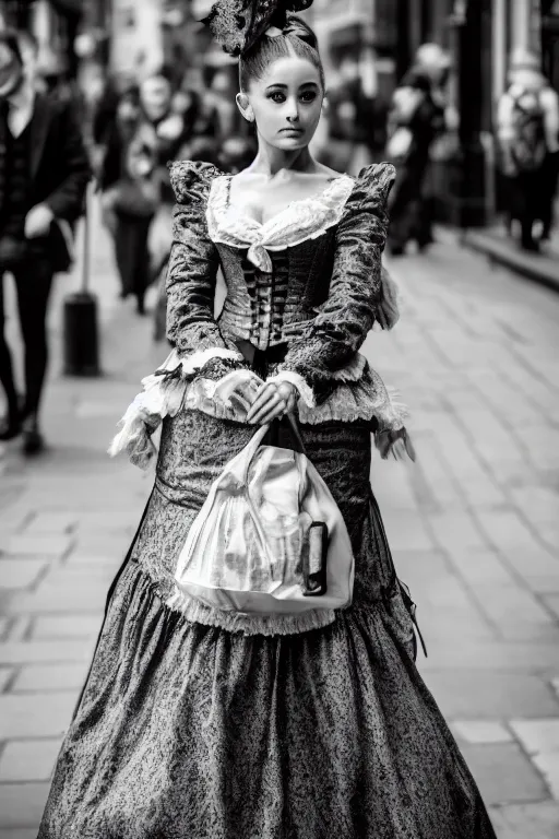 Image similar to Ariana Grande Victorian Era clothing, walking through the streets of London, XF IQ4, f/1.4, ISO 200, 1/160s, 8K, symmetrical face, beautiful eyes, black and white