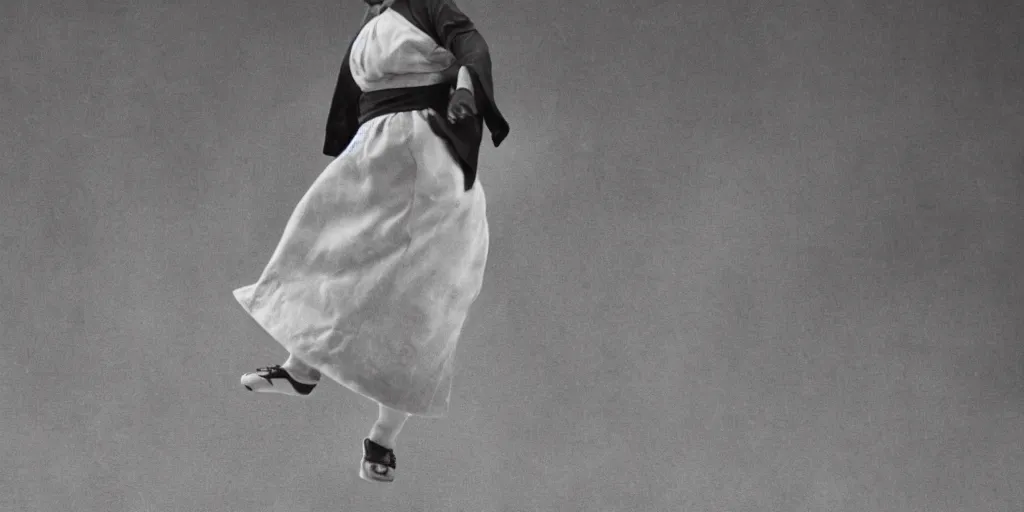 Image similar to a film still of an old black woman starring in a japanese blockbuster film as ancient sensei, levitating mid air, intense, shallow depth of field, cinematic, award winning cgi, vfx, film still