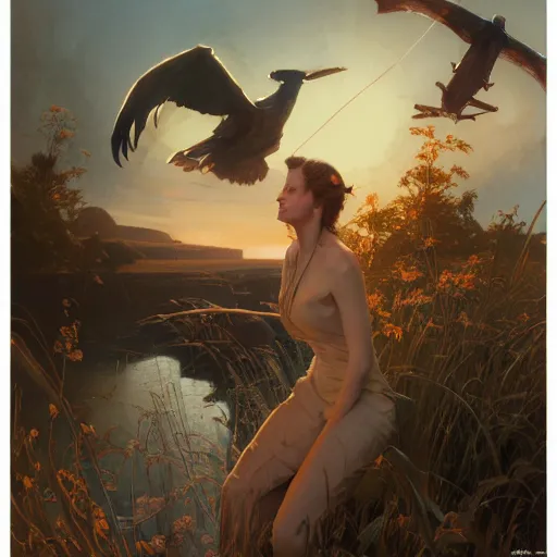 Prompt: sargent and leyendecker and greg hildebrandt, portrait of a woman with bay wings in the world of andrew wyeth, stephen bliss, unreal engine, fantasy art by greg rutkowski, loish, rhads, ferdinand knab, makoto shinkai, ilya kuvshinov, rossdraws, global illumination, radiant light, detailed and intricate environment