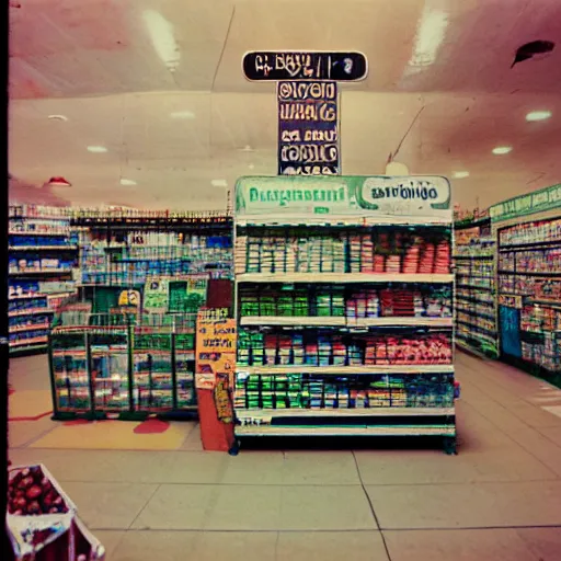 Prompt: vintage photograph of a futuristic time quetzalcoatl inside a grocery store, shallow depth of field, awkward, out of place, polaroid 6 0 0 color