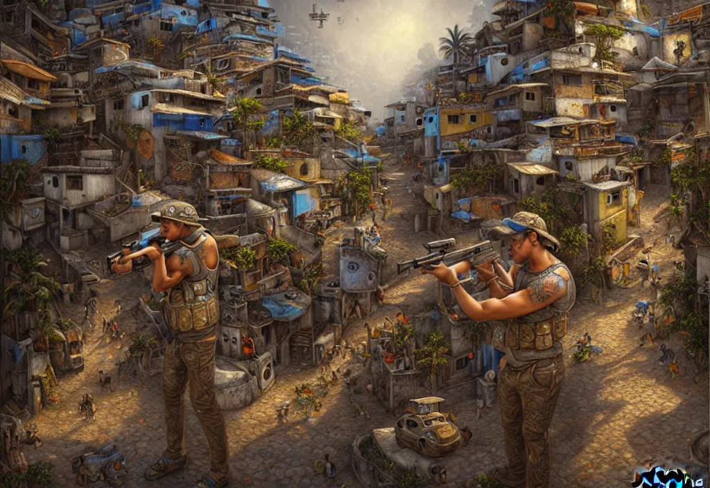 Image similar to photorealistic favela rio with precise rendered guns with intricate details of gun, happy atmosphere close view by Justin Gerard