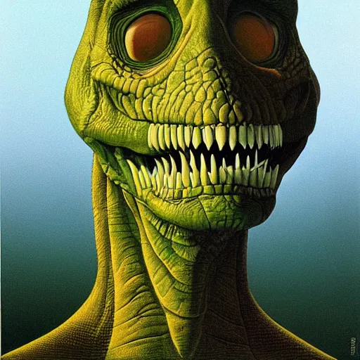 Prompt: portrait of dinosaur face emerging from human skin, artwork by greg hildebrandt