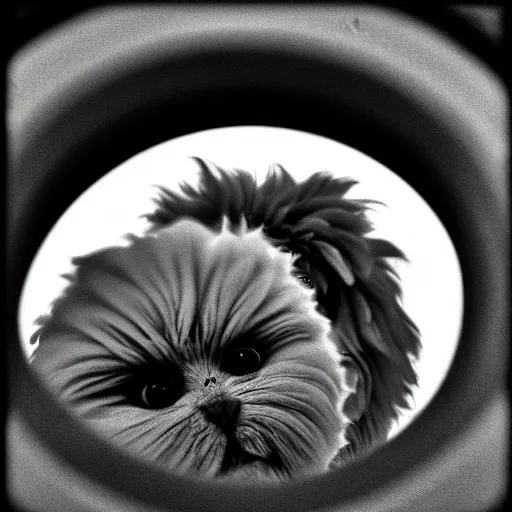Image similar to fluffy monster, view from bottom to top, 35 mm lens