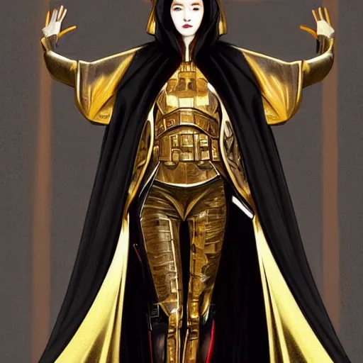 Image similar to Photorealistic illustration, 3/4 view of Korean fashion model in Star Wars sith black and gold robes, sci-fi, futuristic, intricate, elegant, highly detailed, digital painting, artstation, concept art, smooth, sharp focus, art by artgerm, greg rutkowski and alphonse mucha