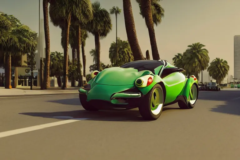 Prompt: frog wearing a suit driving a car in the front seat, palm trees, 3 d render, octane render, unreal engine, hyper detailed