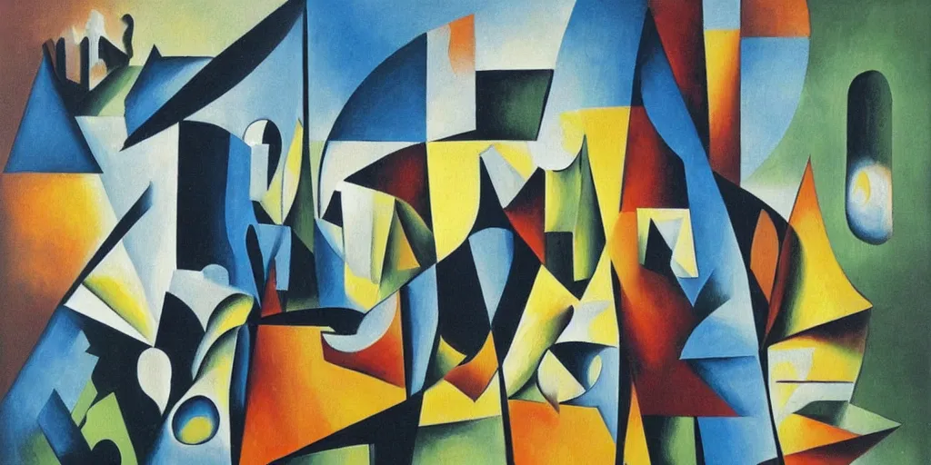 Prompt: cubist painting on canvas of the dawn of man