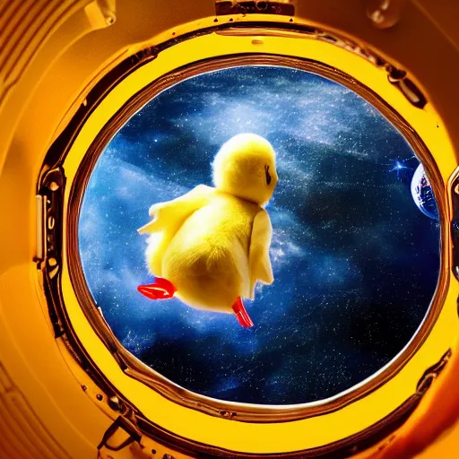 Image similar to A still of a little astronaut duckling floating in space, 4k, photograph, photoreal, realistic, highly detailed, epic lighting, awar winning