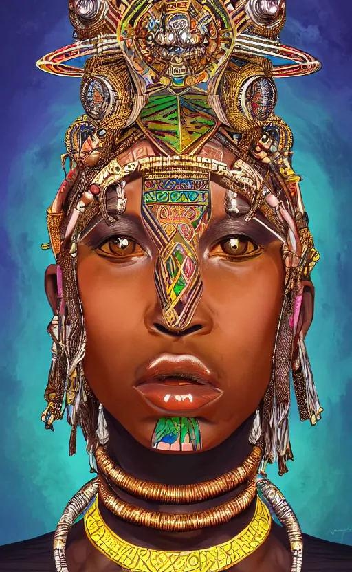 Prompt: upper half portrait of retro futuristic african tribal chief - embellished with vegetation and iridescent crystals, art by paschal blanche, highly detailed, digital painting, concept art, illustration, smooth sharp focus, intricate, symmetry, artstation, colourful,