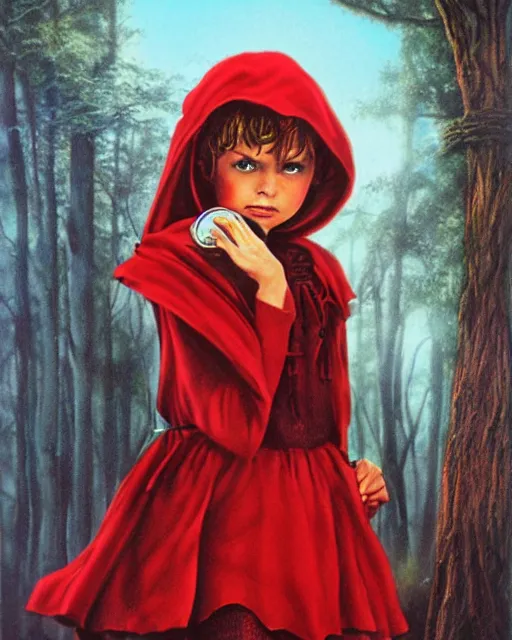 Image similar to little red riding hood, airbrush, drew struzan illustration art, key art, movie poster